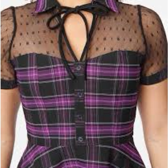 Unique Vintage Purple Plaid Fit-and-Flare Dress with Sheer Polka Dot Yoke - Picture 2 of 3